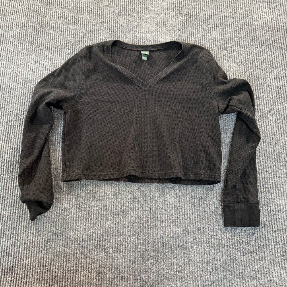 Wild Fable Womens M V Neck Waffle Knit Cropped Long Sleeve Top Black Thermal
